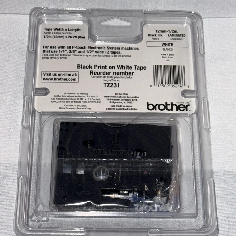 Brother P-Touch TZ Tape - Black print on White Tape New 1/2 Inch width TZ-231